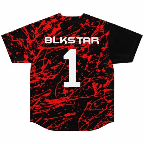 Black red paint splatter jersey back view with BLKSTAR 1 lettering