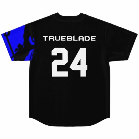 Trueblade 24 back print on black jersey with blue marble sleeve detail