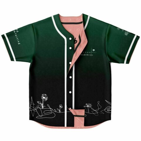 Green to black ombre baseball jersey with line-art flower doodles front view