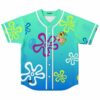 Teal undersea flower rave baseball jersey with cartoon-style sponge and starfish duo front view