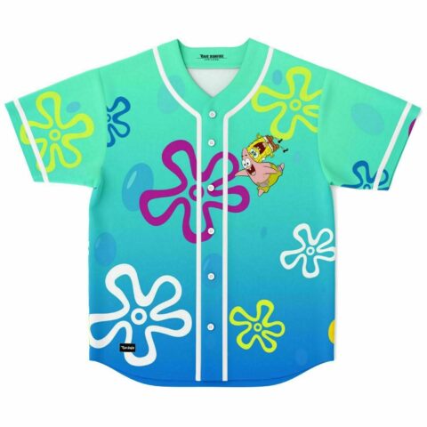Teal undersea flower rave baseball jersey with cartoon-style sponge and starfish duo front view