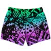 Back view of gradient Memphis print swim trunks showing black triangle and dot pattern