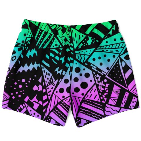 Back view of gradient Memphis print swim trunks showing black triangle and dot pattern