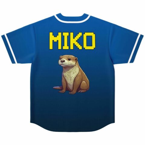 Blue gradient baseball jersey back view with cartoon otter graphic and Miko text
