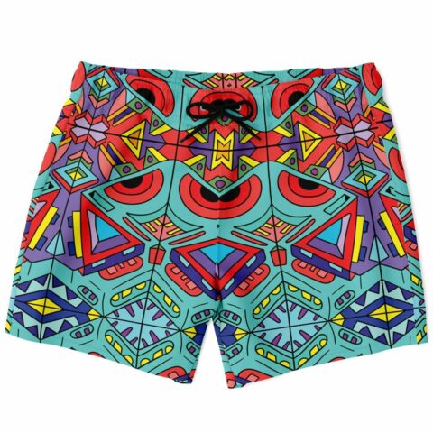Turquoise kaleidoscopic rave swim trunks with mirrored geometric mask pattern front view