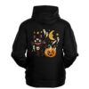 Black hoodie back with three-eyed cat, jack-o-lantern, ghosts and crescent moon print