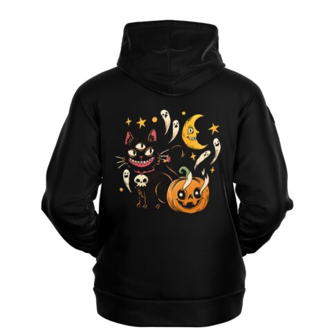 Black hoodie back with three-eyed cat, jack-o-lantern, ghosts and crescent moon print