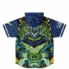 Back view of armored samurai rave jersey showing green crystal mask and radiating mandala pattern