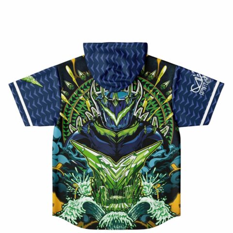 Back view of armored samurai rave jersey showing green crystal mask and radiating mandala pattern