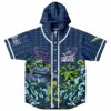 Navy hooded baseball jersey with armored samurai design and Dark Wobble text, laid flat