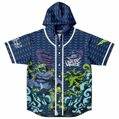 Navy hooded baseball jersey with armored samurai design and Dark Wobble text, laid flat