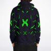 Close-up back view of festival hoodie with glowing green X on circuit pattern