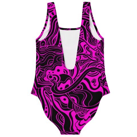 Hot pink and black abstract swirl one-piece swimsuit back view flat lay with scoop back