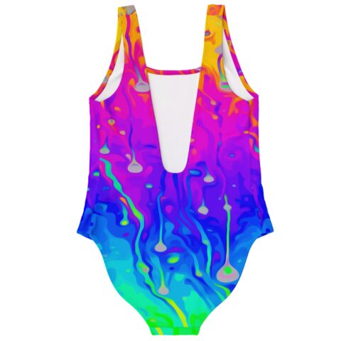 Neon acid drip one-piece swimsuit low scoop back with dripping paint pattern