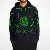 Model wearing cyberpunk circuit rave hoodie with green target emblem front detail