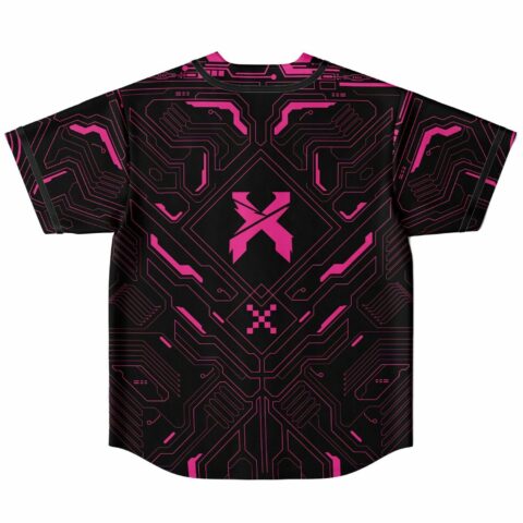 Pink circuit board pattern jersey back view with bold X logo centered