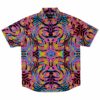 Rave button-down shirt with vibrant colorful leaf patterns on a black background