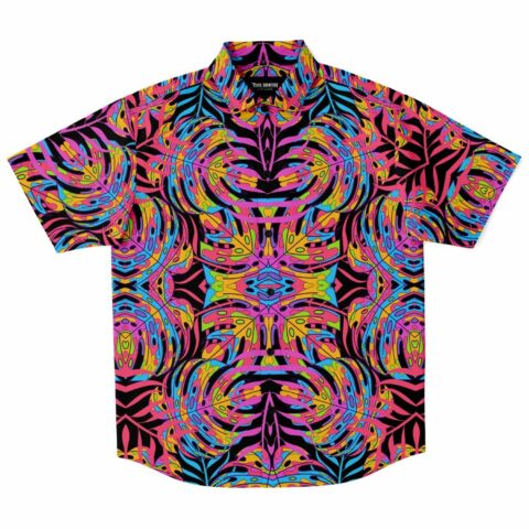 Button-up shirt with vibrant colorful leaf patterns on black background