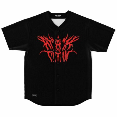 Black rave baseball jersey with jagged red spiked lettering front graphic laid flat