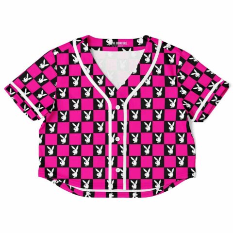Cropped baseball jersey with pink and black checkerboard pattern