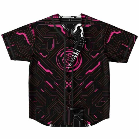 Black and pink circuit board print baseball jersey front view with reversible white panel
