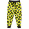 Yellow and black checkerboard rave joggers with icon motifs
