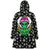 Cartoon alien rave cloak back view with smoking alien graphic and pink bucket hat