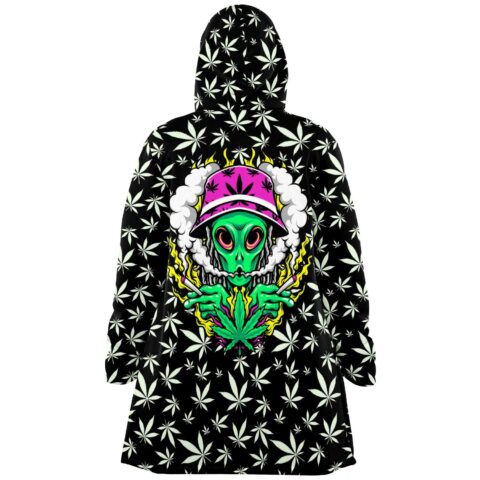 Cartoon alien rave cloak back view with smoking alien graphic and pink bucket hat