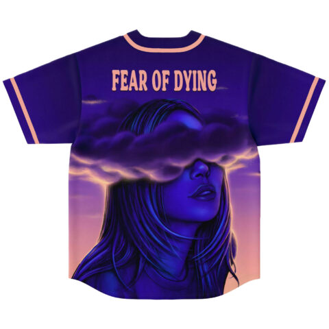 Back view of purple rave jersey printed with Fear Of Dying text above cloud portrait