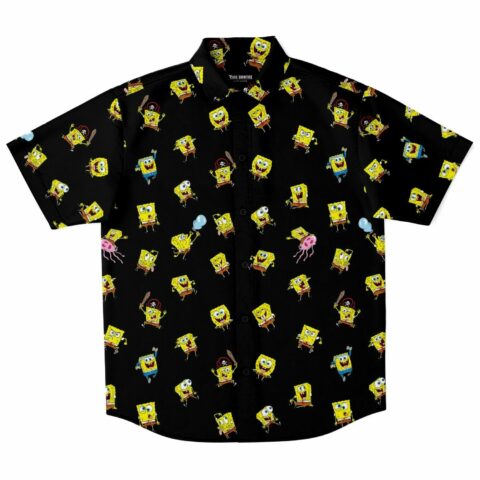 Short sleeve button-down shirt with colorful cartoon-style character prints