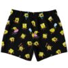 Yellow sponge cartoon pattern swim trunks on black background, back flat lay view