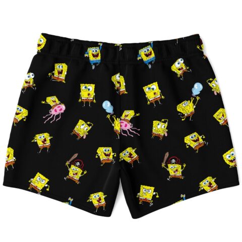 Yellow sponge cartoon pattern swim trunks on black background, back flat lay view