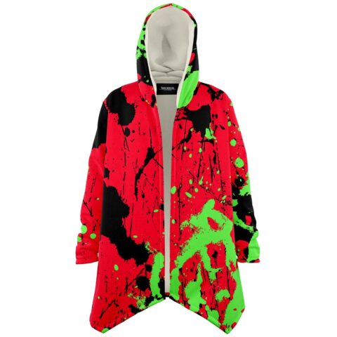 Open front view of red and green paint splatter rave cloak with cream fleece lining