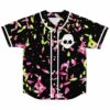 Black baseball jersey with scattered pink and green flower petals and white skull graphic