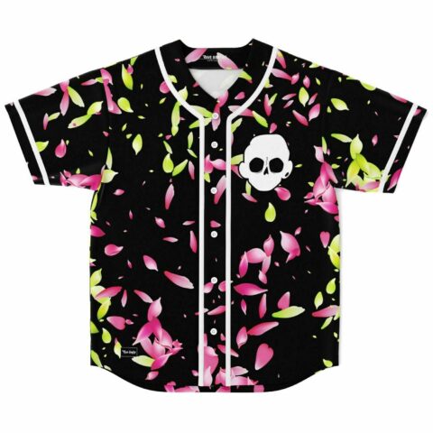 Black baseball jersey with scattered pink and green flower petals and white skull graphic