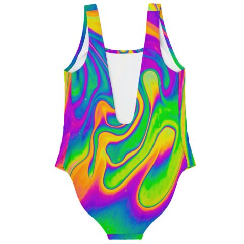 Oil-slick rainbow swirl print rave swimsuit back view showing plunge cutout