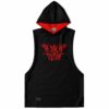 Front view of the black rave sleeveless hoodie with red spiked gothic lettering and a red-lined hood