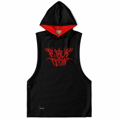 Black sleeveless hoodie with red spiked gothic lettering and red-lined hood front view