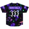 Back view of black rave baseball jersey reading MOONCHILD 333 over psychedelic mushroom and moon