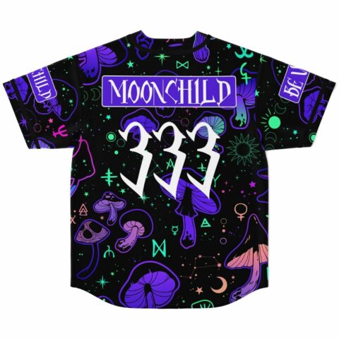 Back view of black rave baseball jersey reading MOONCHILD 333 over psychedelic mushroom and moon