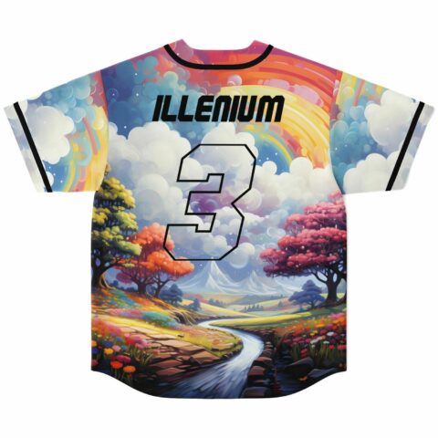 Pastel fantasy rave jersey back print with winged clouds, rainbow sky and Illenium 3 lettering