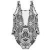 Black and white psychedelic swirl swimsuit back view showing plunging cutout and scoop straps