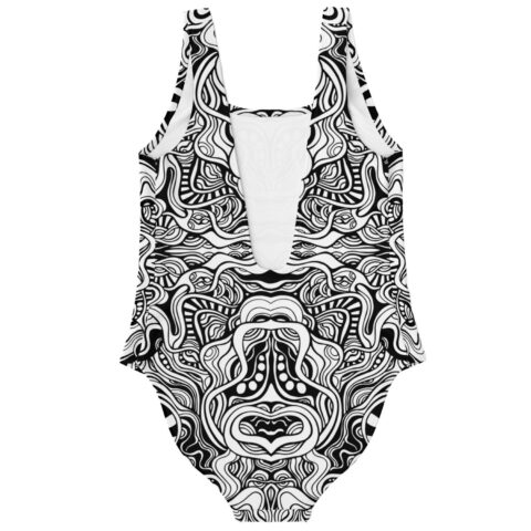 Black and white psychedelic swirl swimsuit back view showing plunging cutout and scoop straps