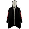 Black hooded cloak front view open with cream lining and red kanji sleeve print