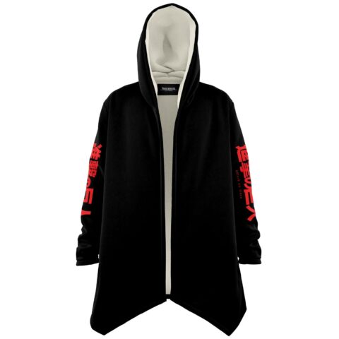 Black hooded cloak front view open with cream lining and red kanji sleeve print