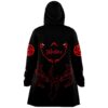 Anime-inspired rave cloak back view with red demonic face outline and spiral sleeve prints