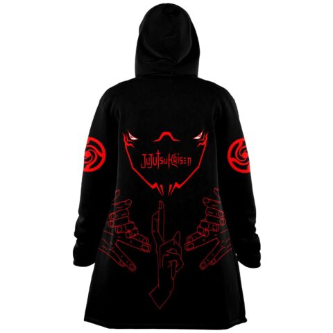 Anime-inspired rave cloak back view with red demonic face outline and spiral sleeve prints