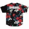 Back view of black floral baseball jersey with red roses white blooms and DJ Diesel
