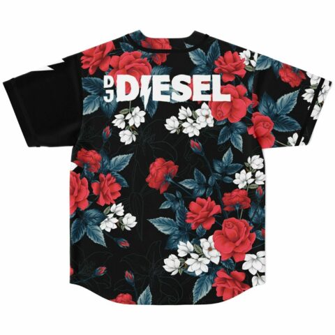 Back view of black floral baseball jersey with red roses white blooms and DJ Diesel