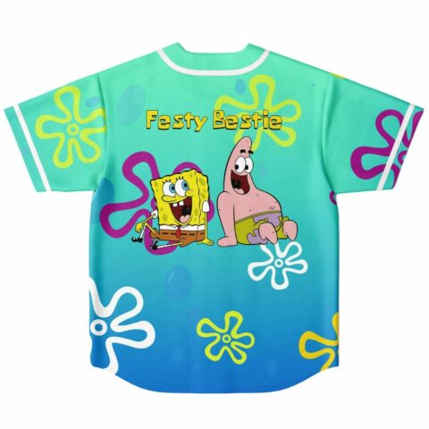 Back view of teal jersey with sponge and starfish cartoon buddies and Festy Bestie text